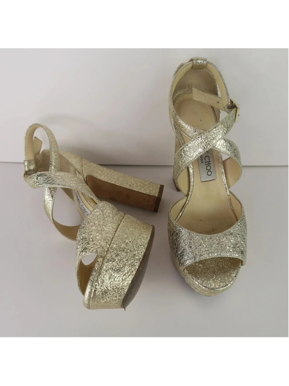 Jimmy Choo Gold Platform Heels EU 36.5 US 6.5 Metallic Leather Sandals 0483